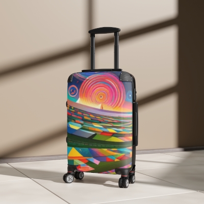 Suitcase, multicolor art and designs, colored shapes and figures.