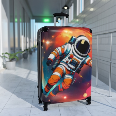 Suitcase, art and design space, Astronaut traveling in the universe.