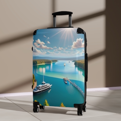 Suitcase, art and design. Suitcase, art and design, sea, boats, sky, sun.