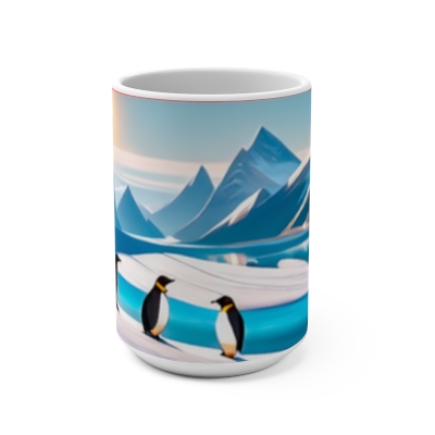 Penguins Mug 15oz, Nature Art, Beautiful Penguins, Snow.