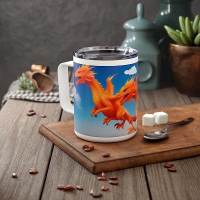 Dragons Mug, Insulated Coffee Mug, 10oz, art beautiful dragons flying