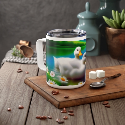 Ducks, Insulated Coffee Mug, 10oz, beautiful art, lake, white flowers, and ducks