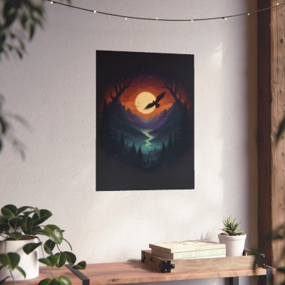 Serene Valley Sunset: Vertical Poster with Majestic Bird - Matte Vertical Poster