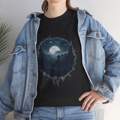 Winter Moon over Forest Graphic Unisex Heavy Cotton Tee