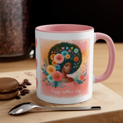 Afro Floral Mother's Day Mug - Two-Tone Ceramic Coffee Cup - 11 oz