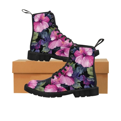 Watercolor Hibiscus (Dark #3) Women's Canvas Boots
