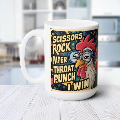 Humorous Mug with Text: Scissors Rock Paper Throat Punch - I Win Design - 15 oz White Mug