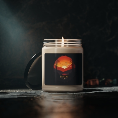 Sunset Serenity: 9oz Scented Soy Candle with Forest Print